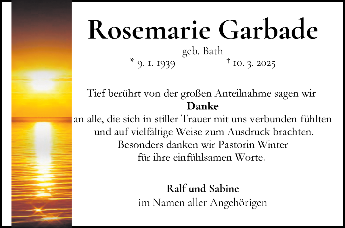 Traueranzeige von Rosemarie Garbade von WESER-KURIER