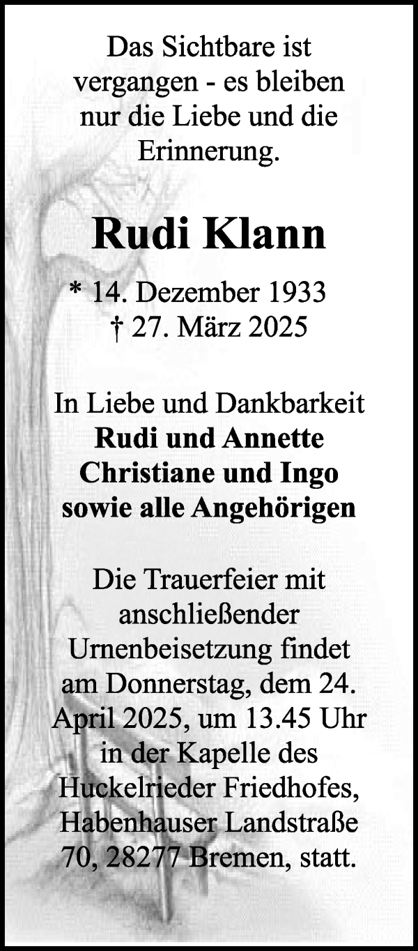 Traueranzeige von Rudi Klann von WESER-KURIER