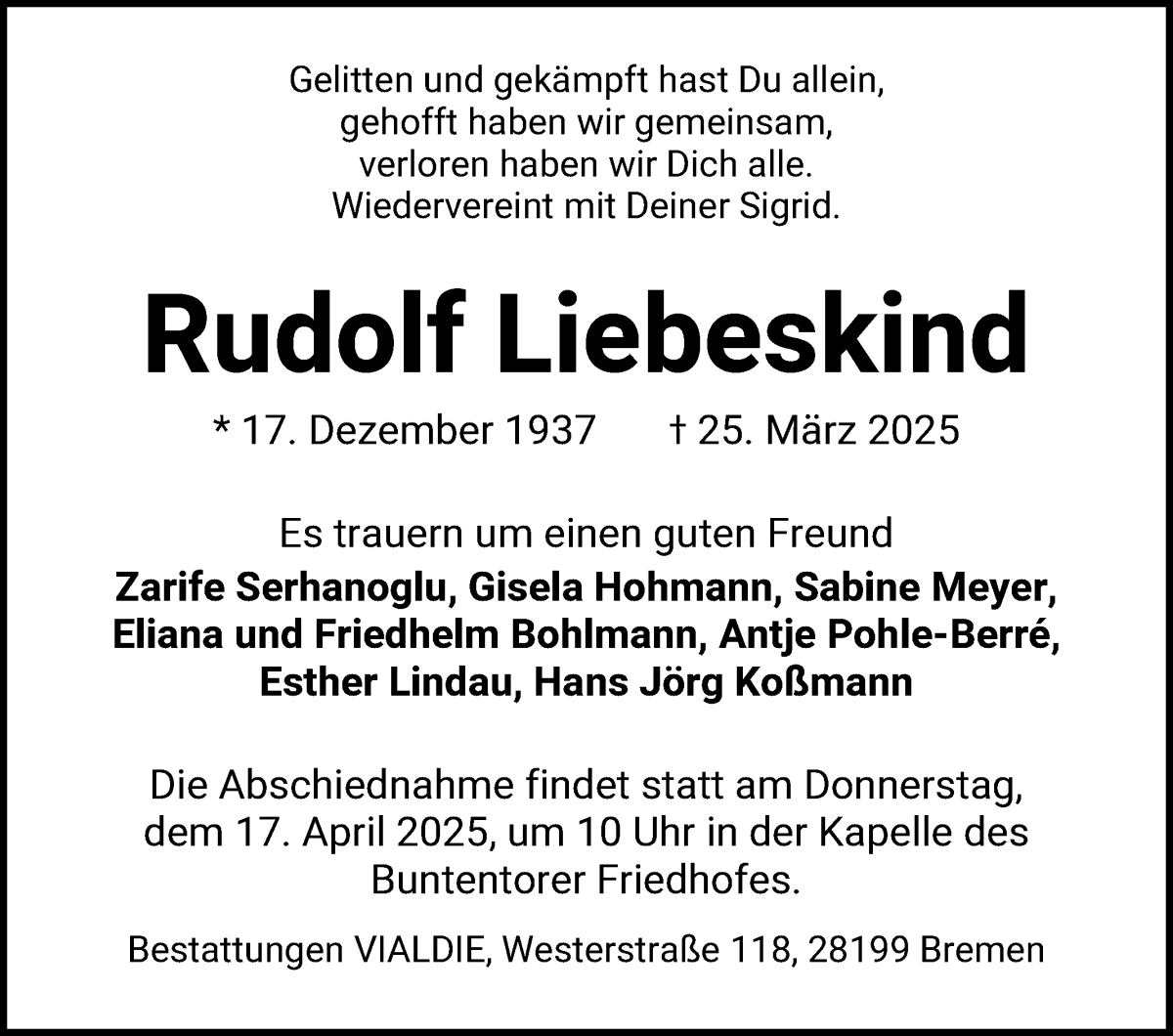 Traueranzeige von Rudi Liebeskind von WESER-KURIER