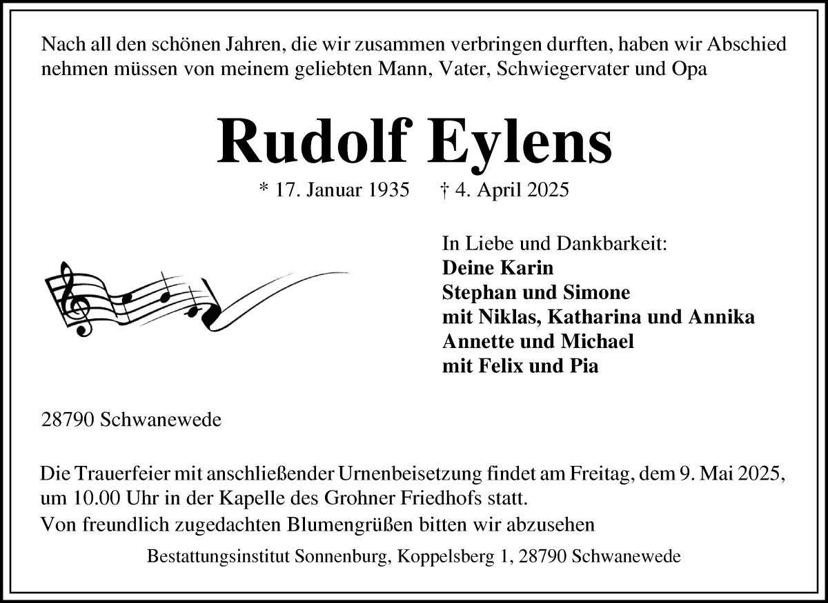 Traueranzeige von Rudolf Eylens von WESER-KURIER