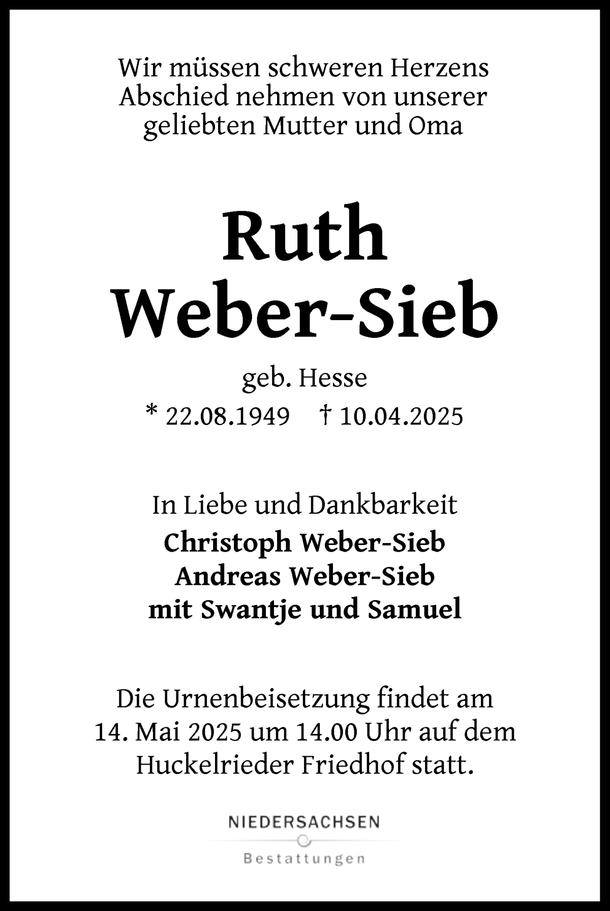 Traueranzeige von Ruth Weber-Sieb von WESER-KURIER