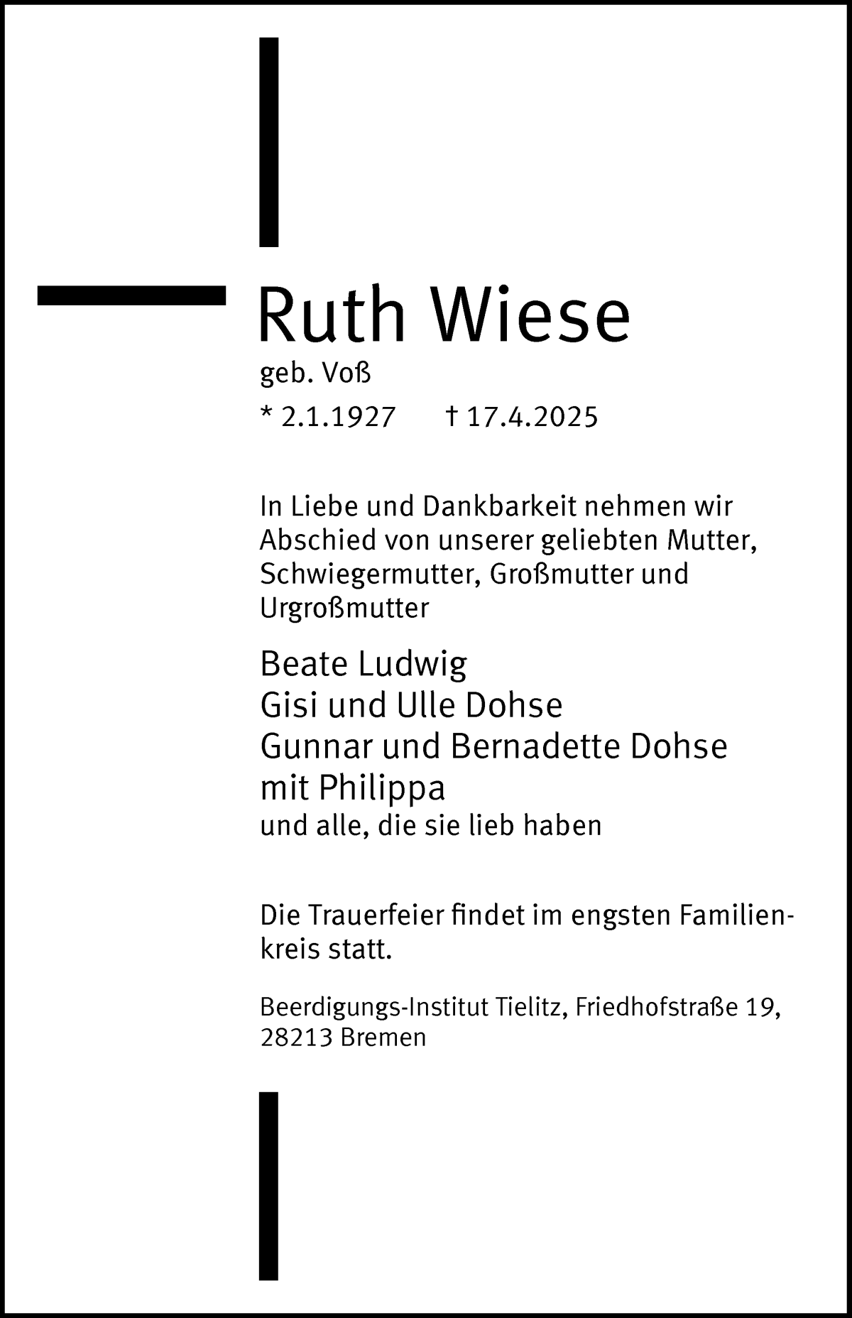 Traueranzeige von Ruth Wiese von WESER-KURIER