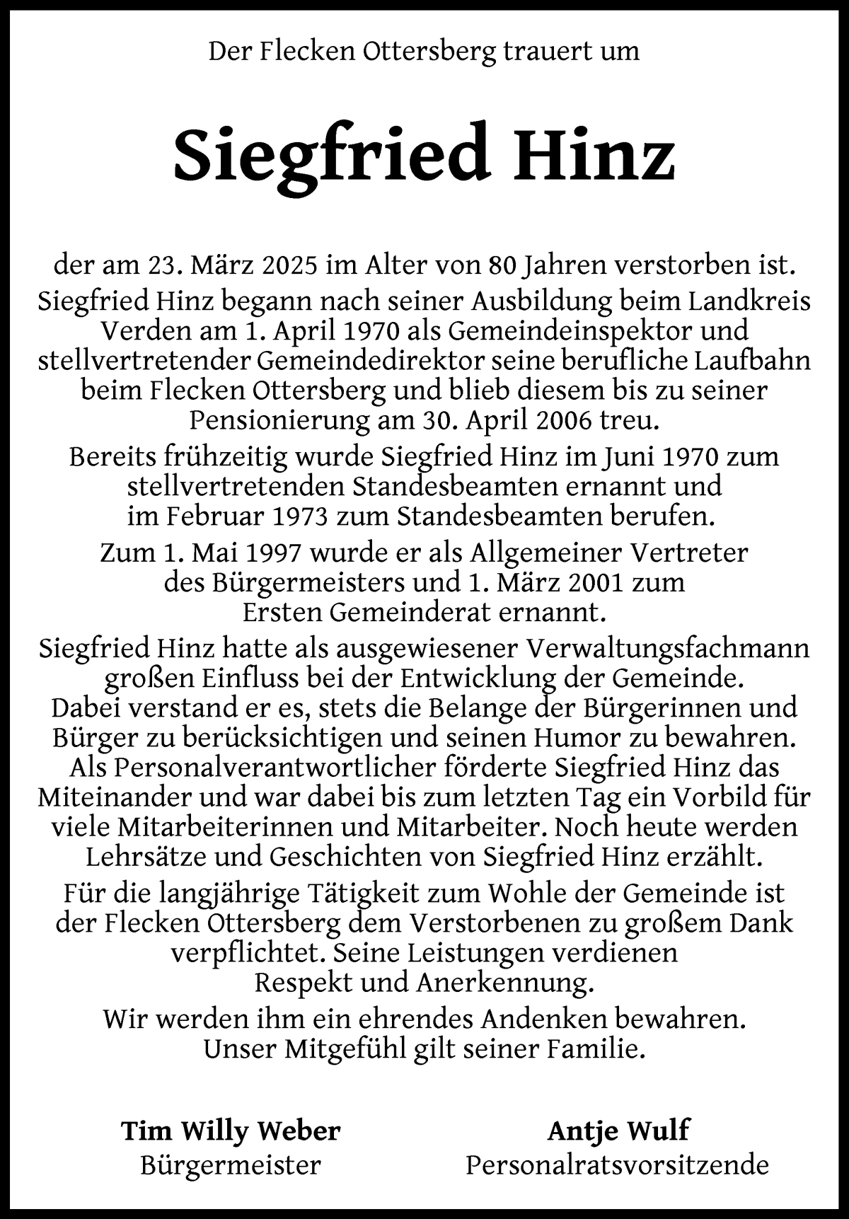 Traueranzeige von Siegfried Hinz von Achimer Kurier/Verdener Nachrichten