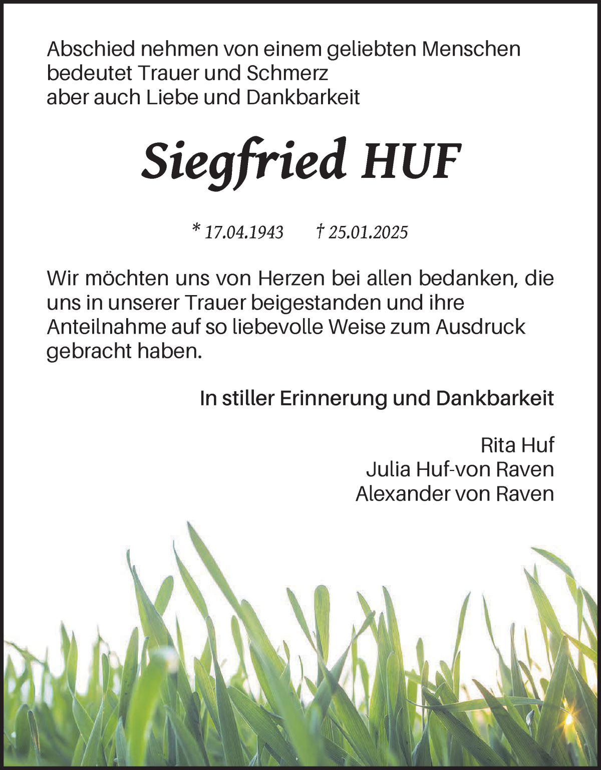 Traueranzeige von Siegfried Huf von Regionale Rundschau/Syker Kurier