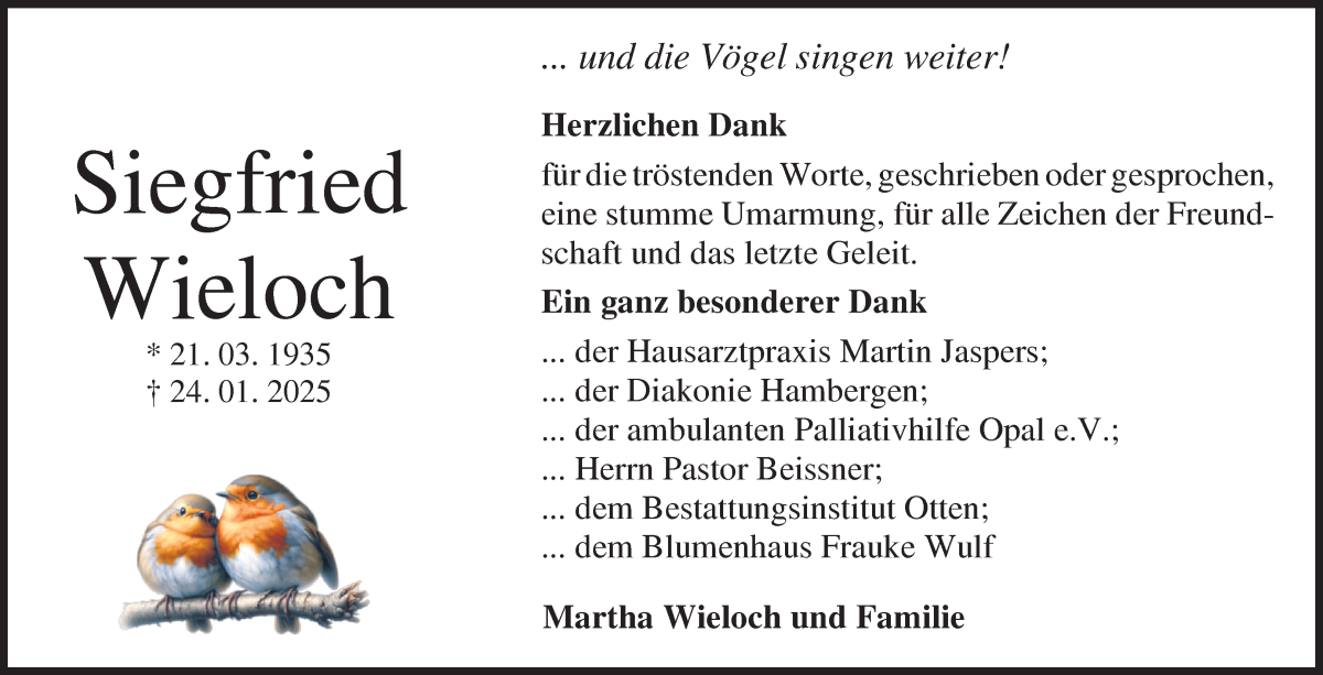 Traueranzeige von Siegfried Wieloch von Osterholzer Kreisblatt