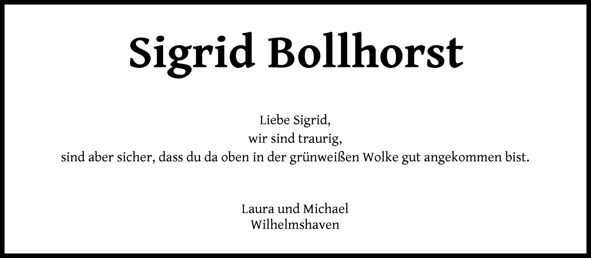 Traueranzeige von Sigrid Bollhorst von WESER-KURIER