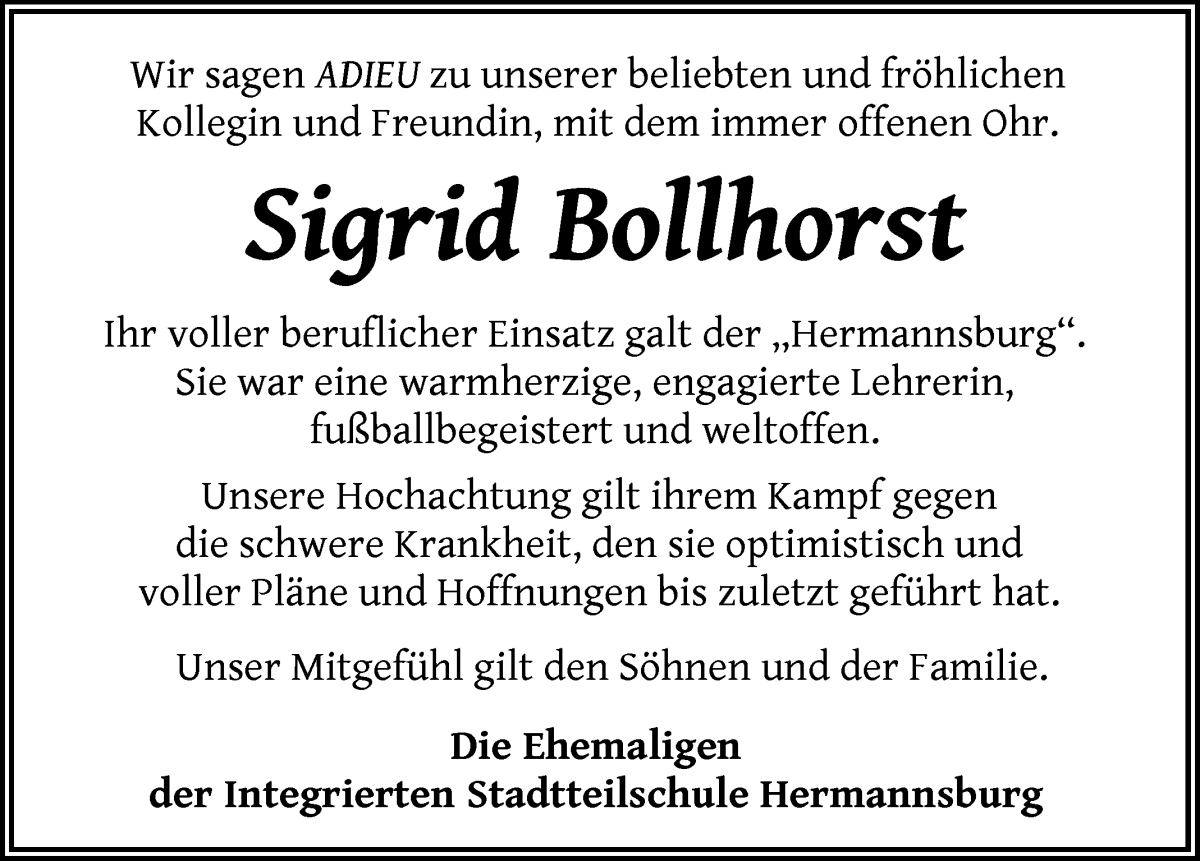 Traueranzeige von Sigrid Bollhorst von WESER-KURIER