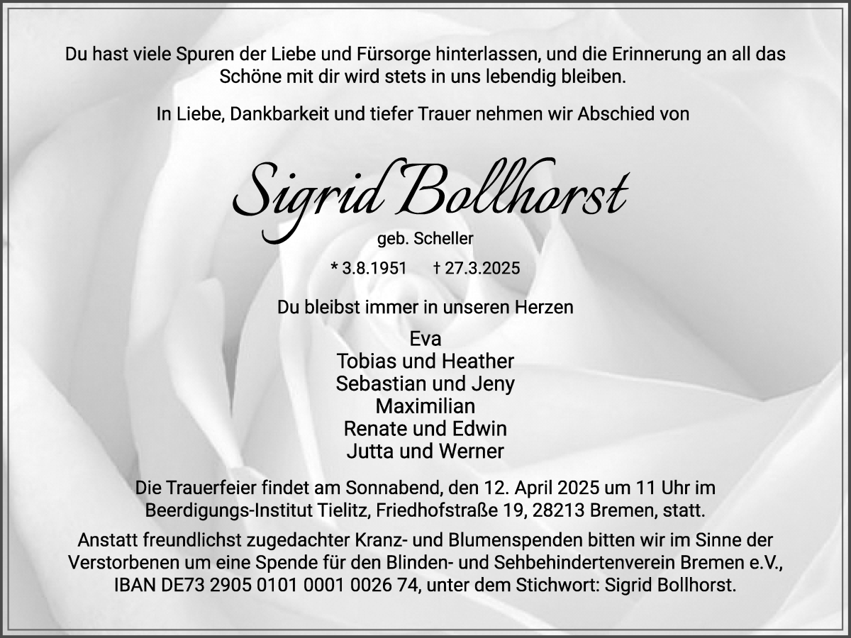 Traueranzeige von Sigrid Bollhorst von WESER-KURIER