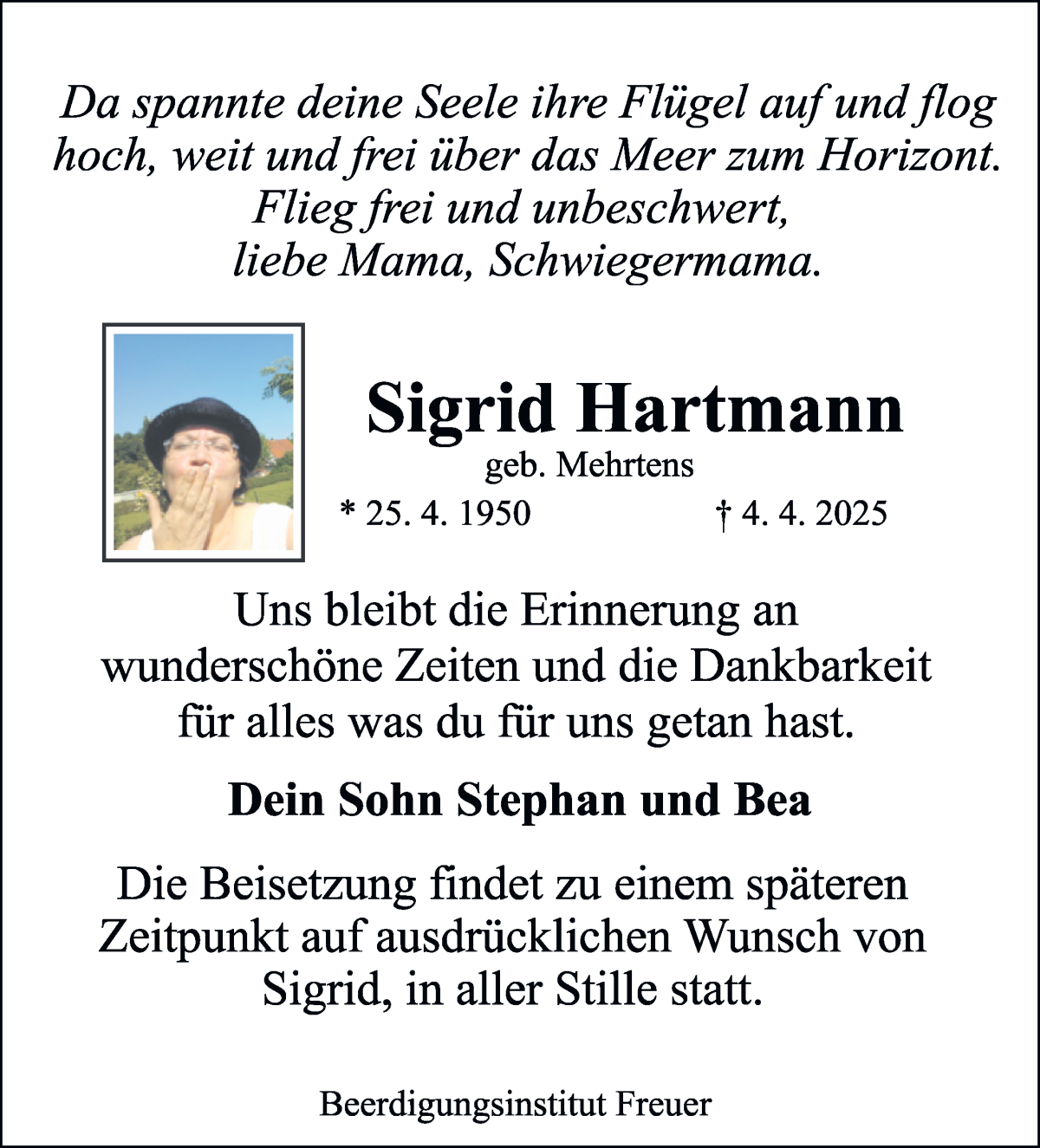Traueranzeige von Sigrid Hartmann von WESER-KURIER