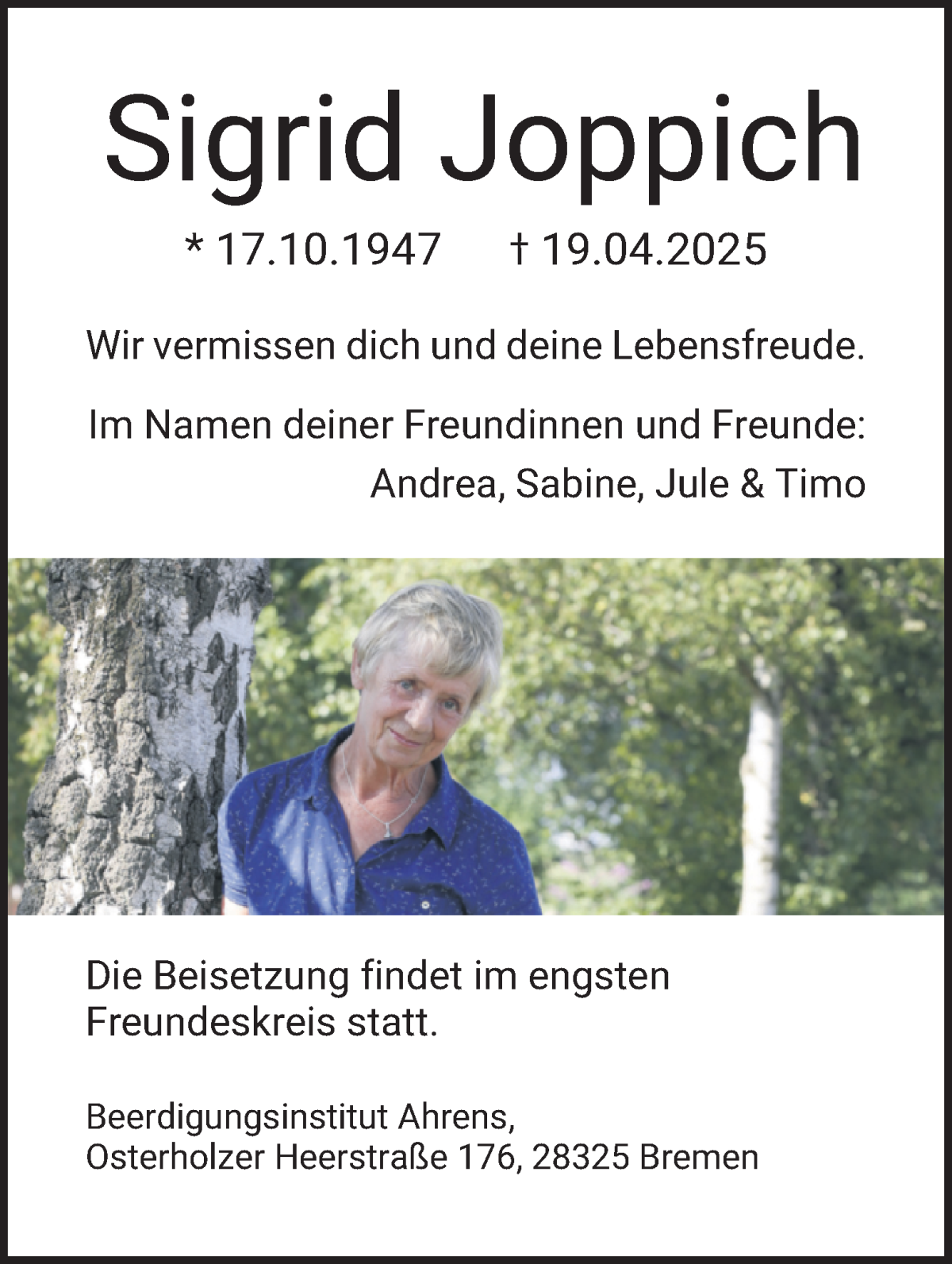 Traueranzeige von Sigrid Joppich von WESER-KURIER