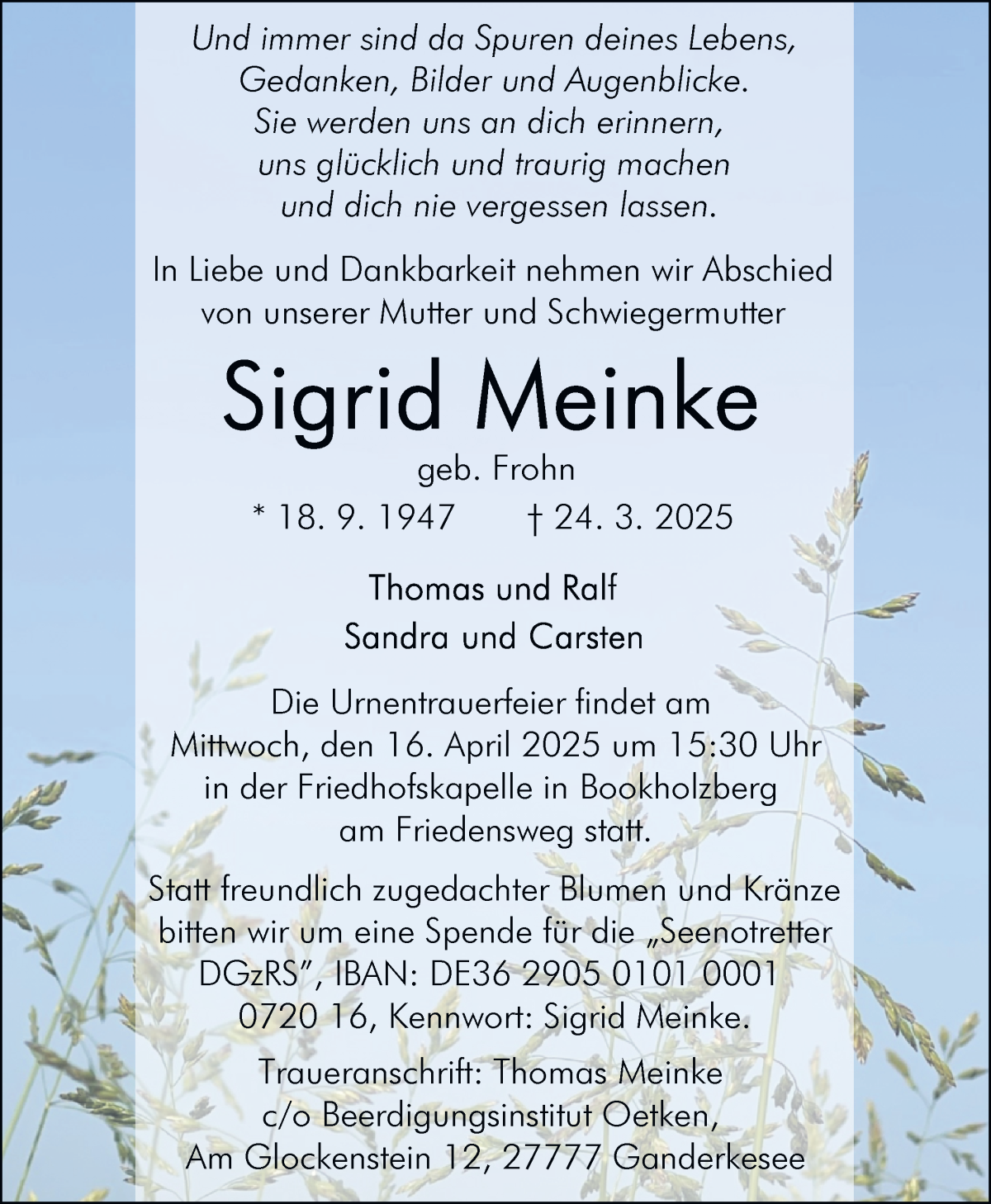 Traueranzeige von Sigrid Meinke von WESER-KURIER