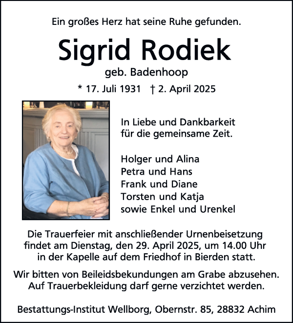 Traueranzeige von Sigrid Rodiek von WESER-KURIER