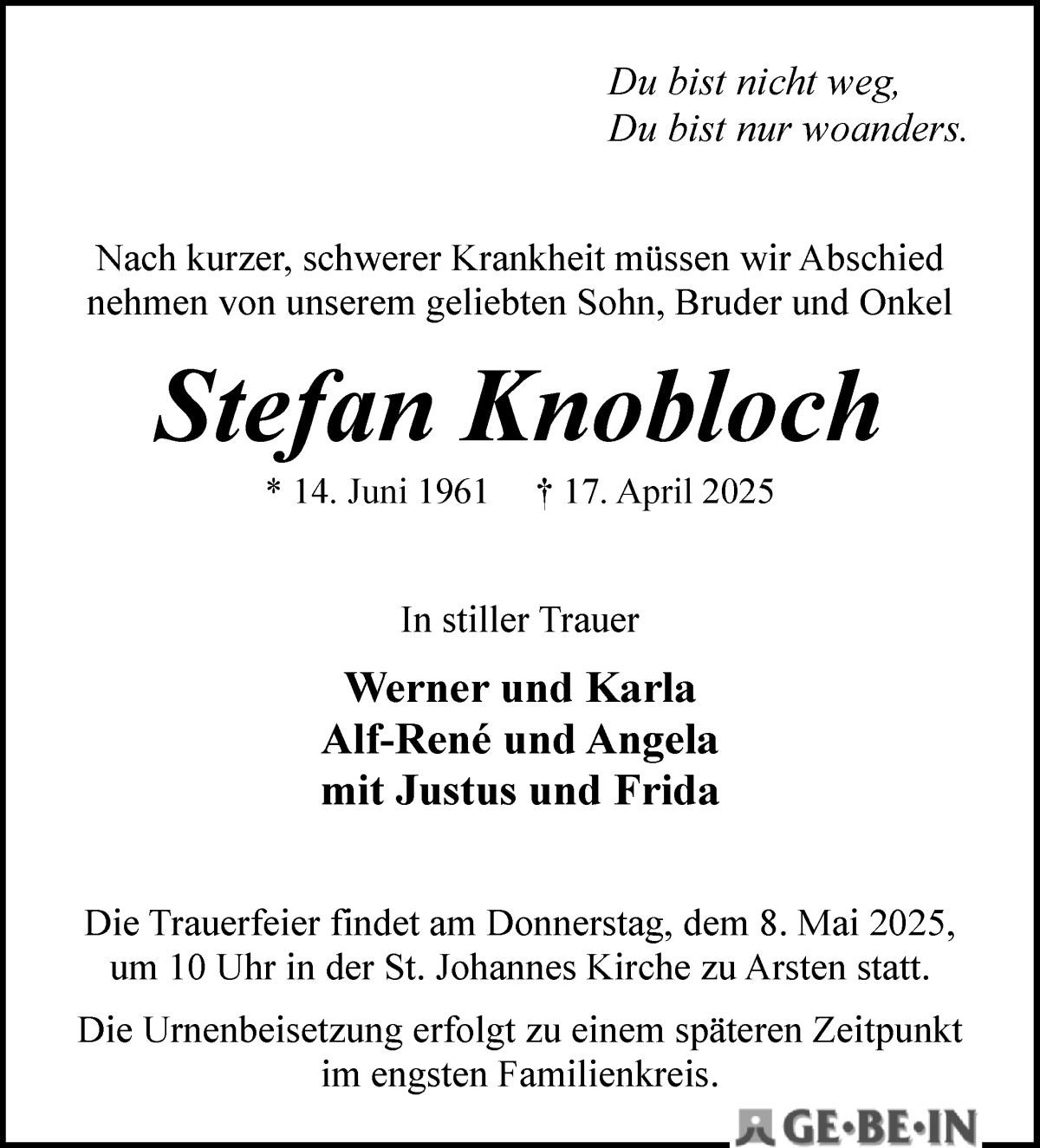 Traueranzeige von Stefan Knobloch von WESER-KURIER