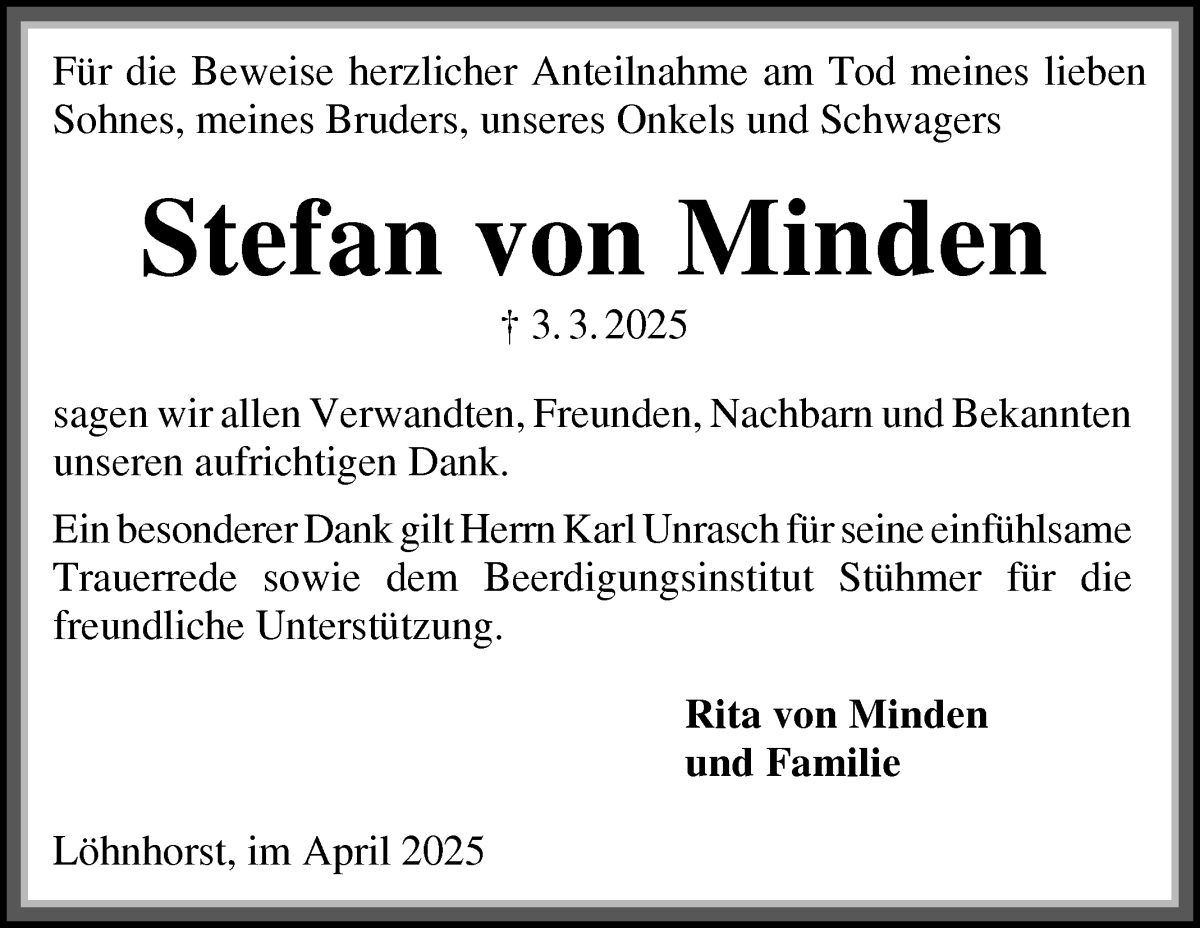 Traueranzeige von Stefan von Minden von Die Norddeutsche