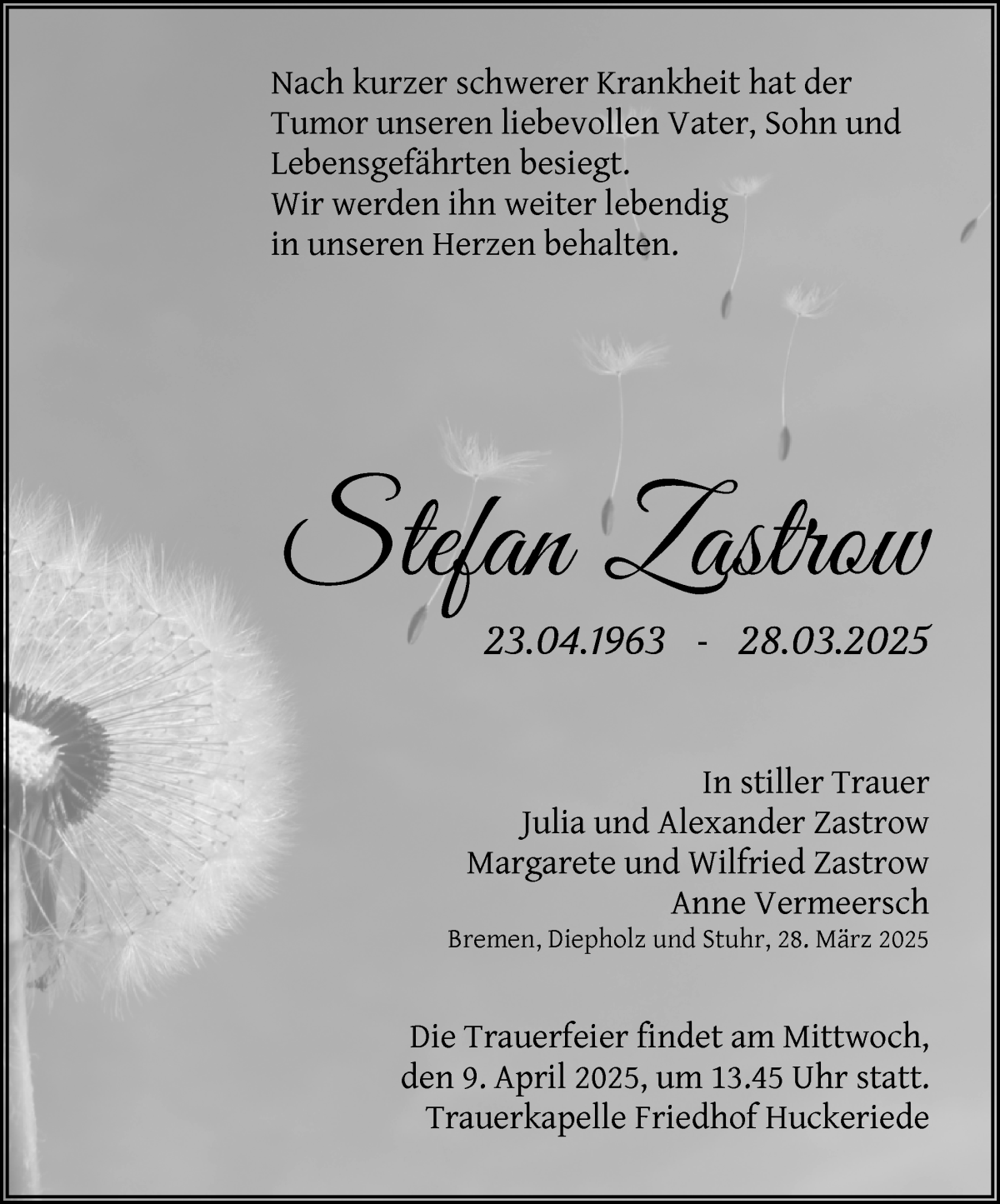 Traueranzeige von Stefan Zastrow von WESER-KURIER
