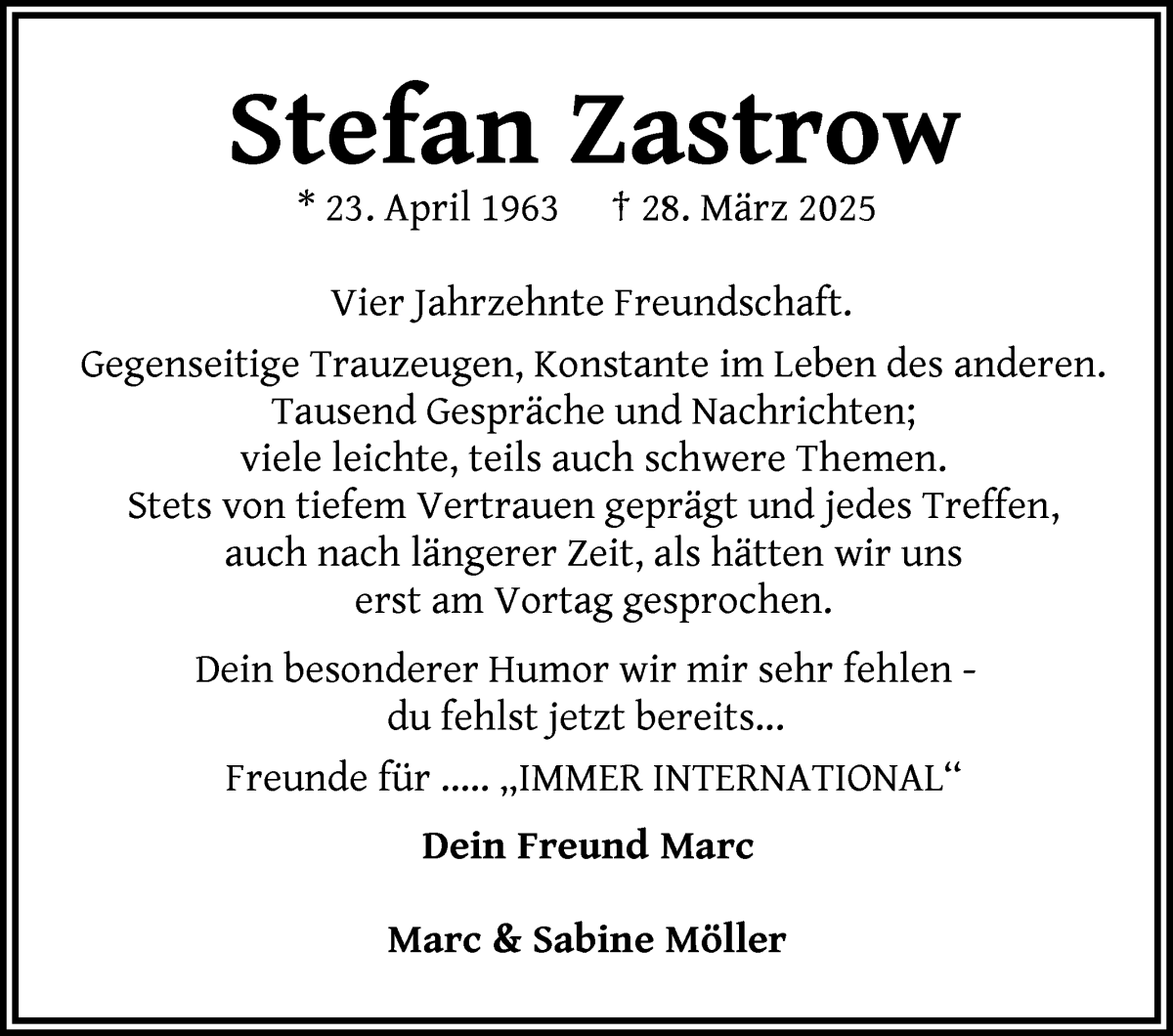 Traueranzeige von Stefan Zastrow von WESER-KURIER