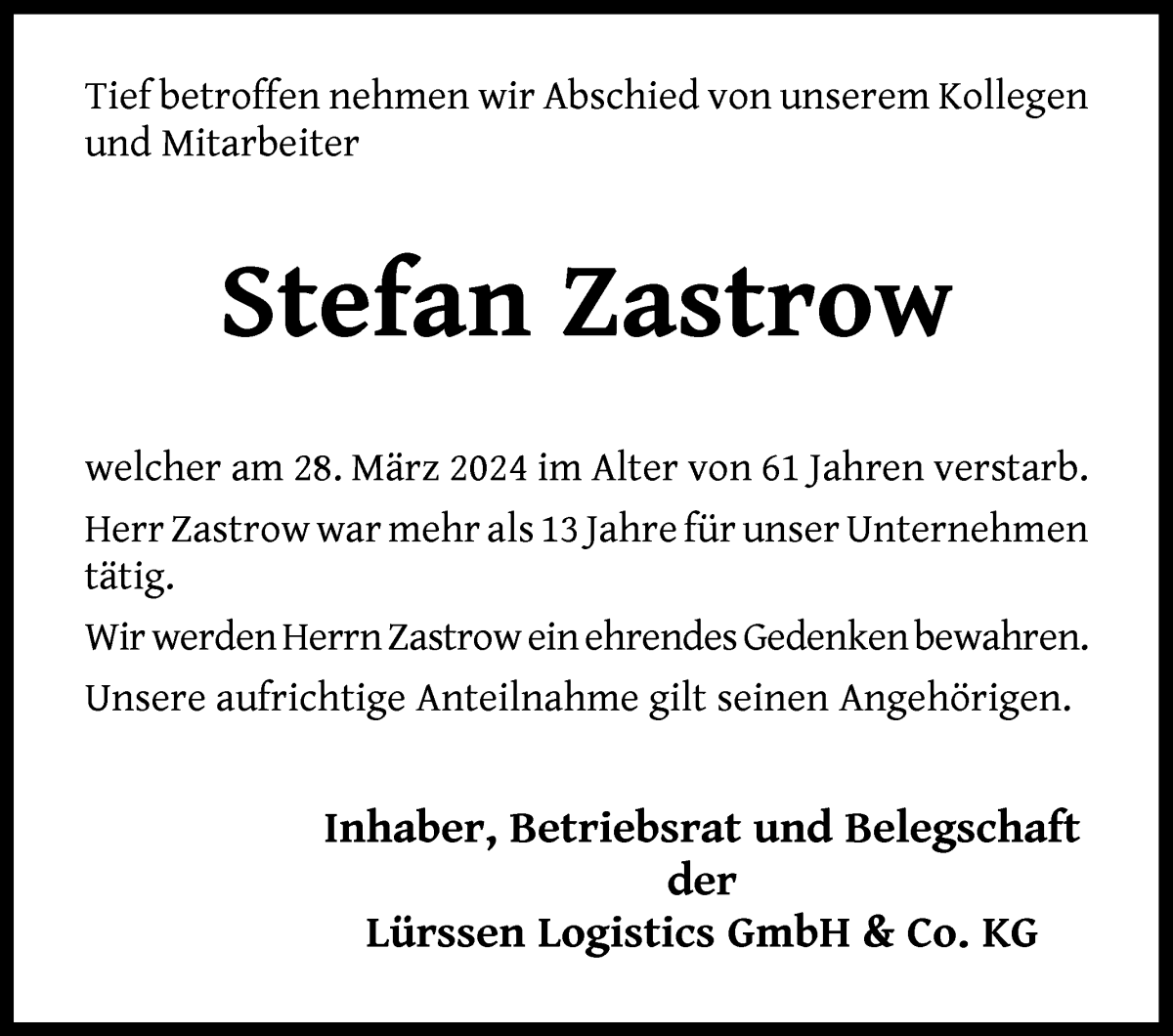 Traueranzeige von Stefan Zastrow von Die Norddeutsche