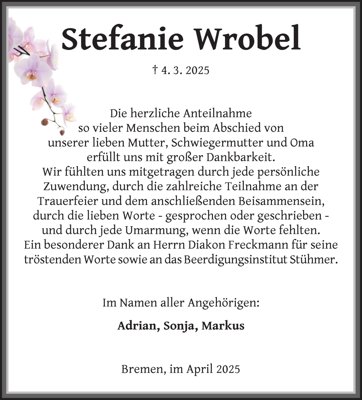 Traueranzeige von Stefanie Wrobel von Osterholzer Kreisblatt