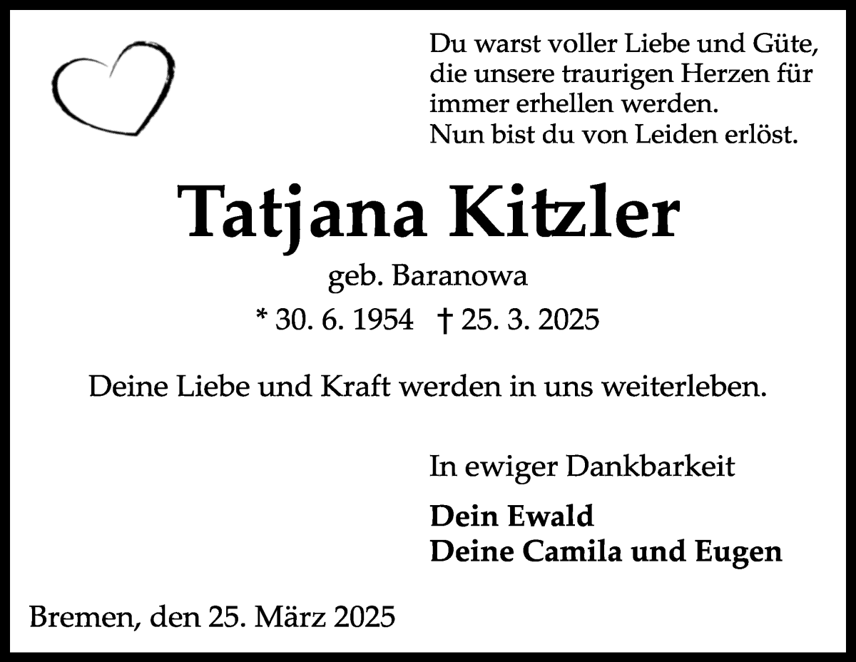 Traueranzeige von Tatjana Kitzler von WESER-KURIER