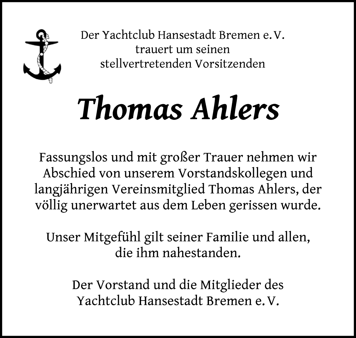 Traueranzeige von Thomas Ahlers von WESER-KURIER