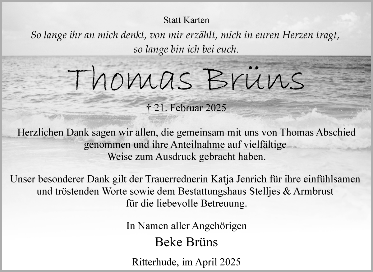 Traueranzeige von Thomas Brüns von Osterholzer Kreisblatt