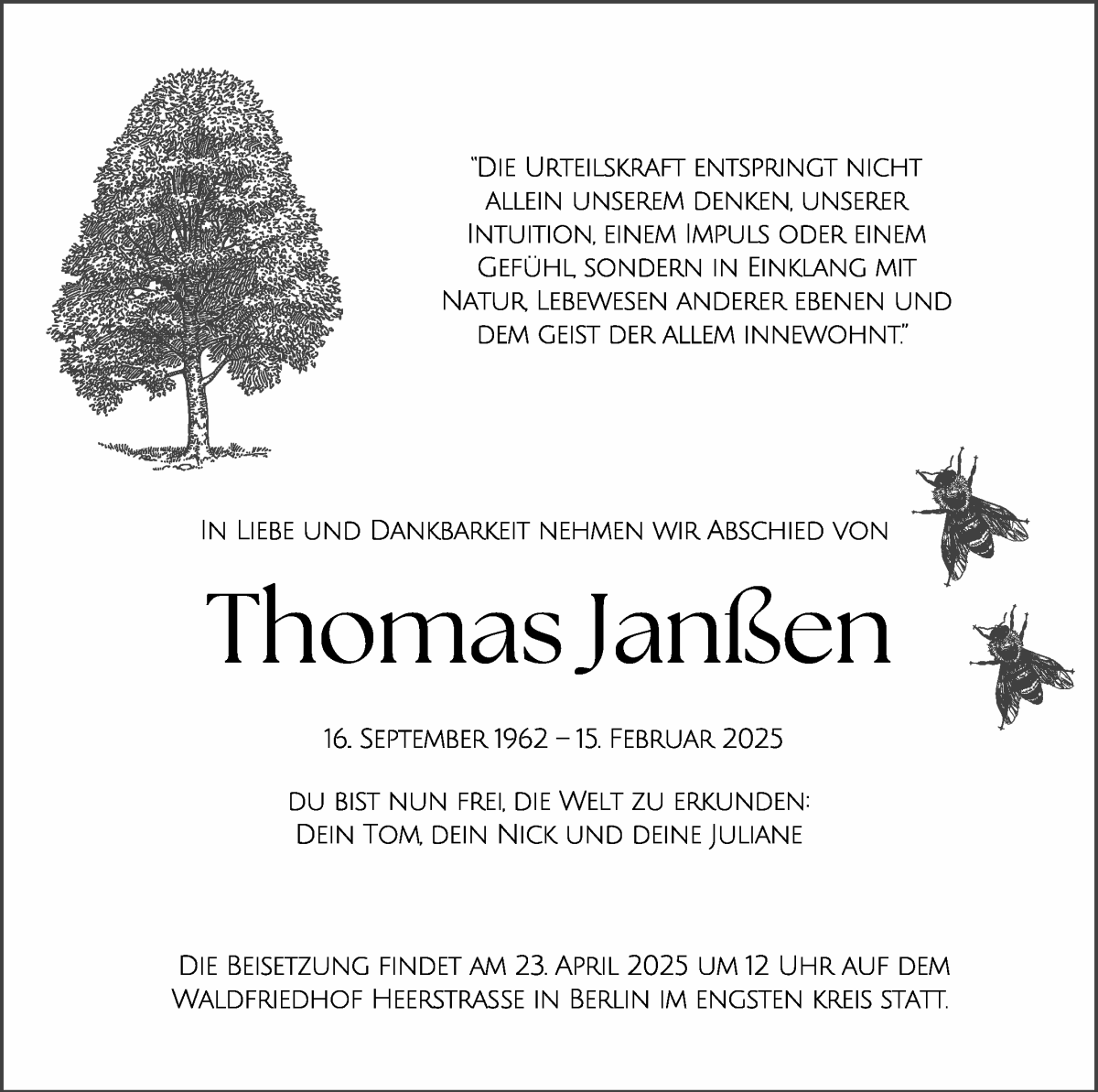 Traueranzeige von Thomas Janßen von Die Norddeutsche