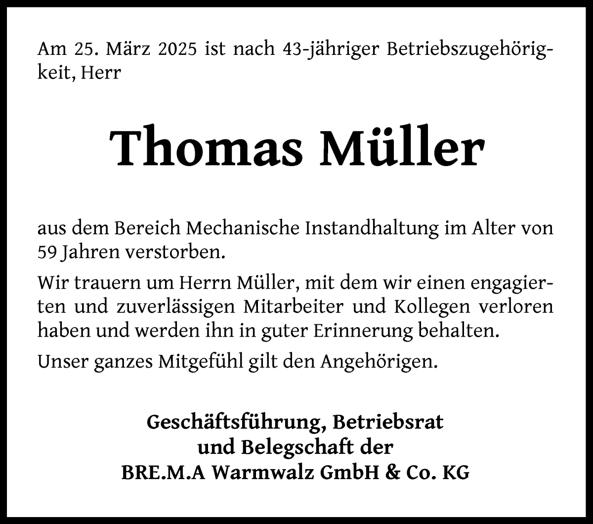 Traueranzeige von Thomas Müller von WESER-KURIER