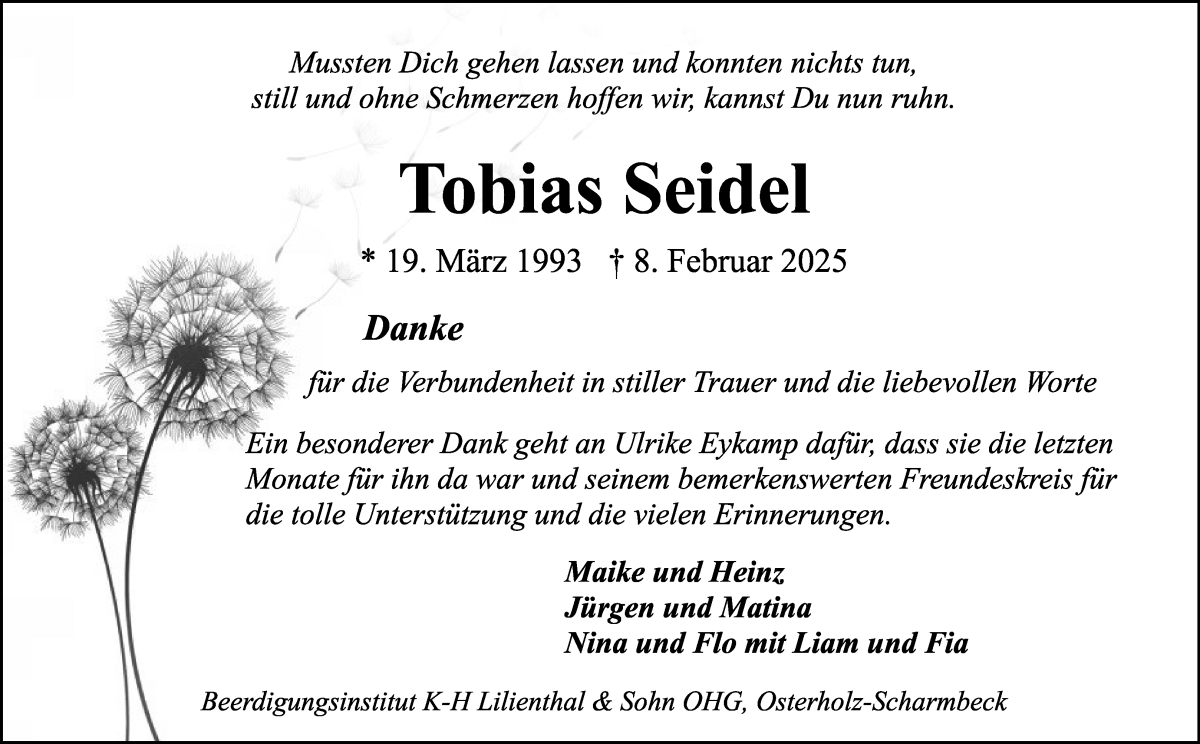 Traueranzeige von Tobias Seidel von Osterholzer Kreisblatt