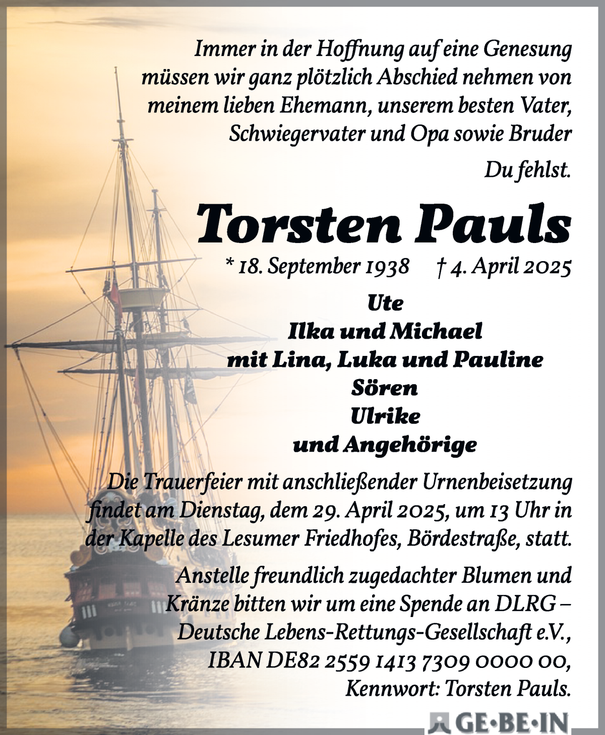 Traueranzeige von Torsten Pauls von WESER-KURIER