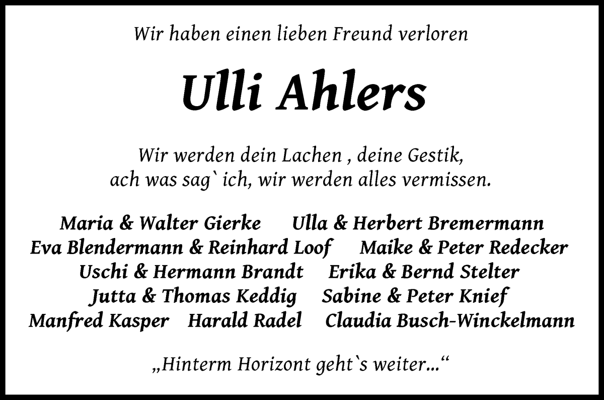 Traueranzeige von Ulli Ahlers von WESER-KURIER