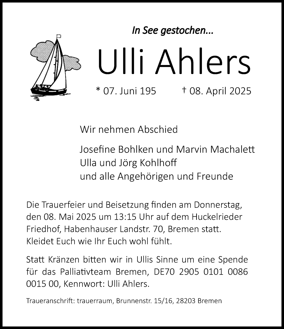 Traueranzeige von Ulli Ahlers von WESER-KURIER