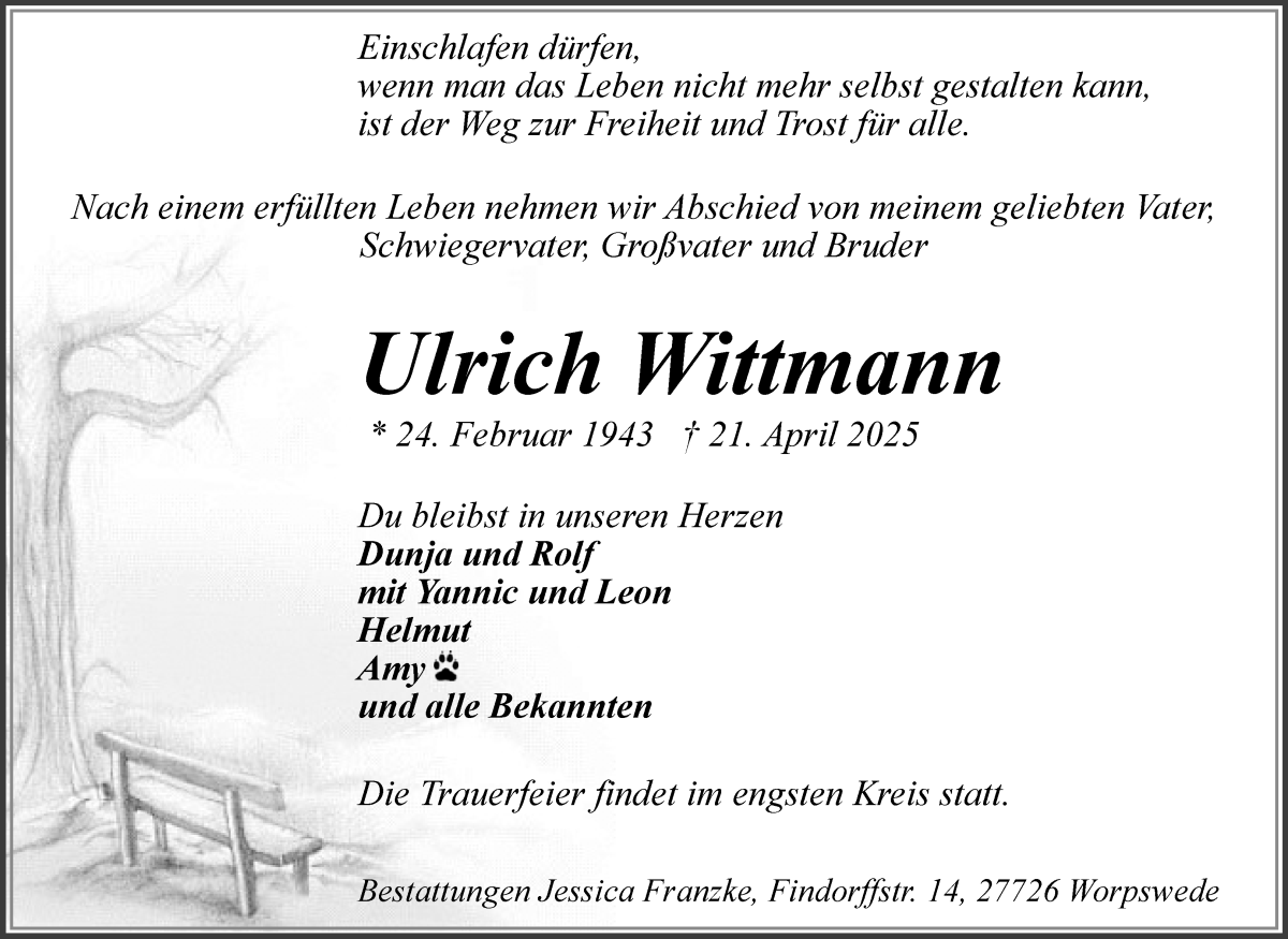 Traueranzeige von Ulrich Wittmann von Osterholzer Kreisblatt