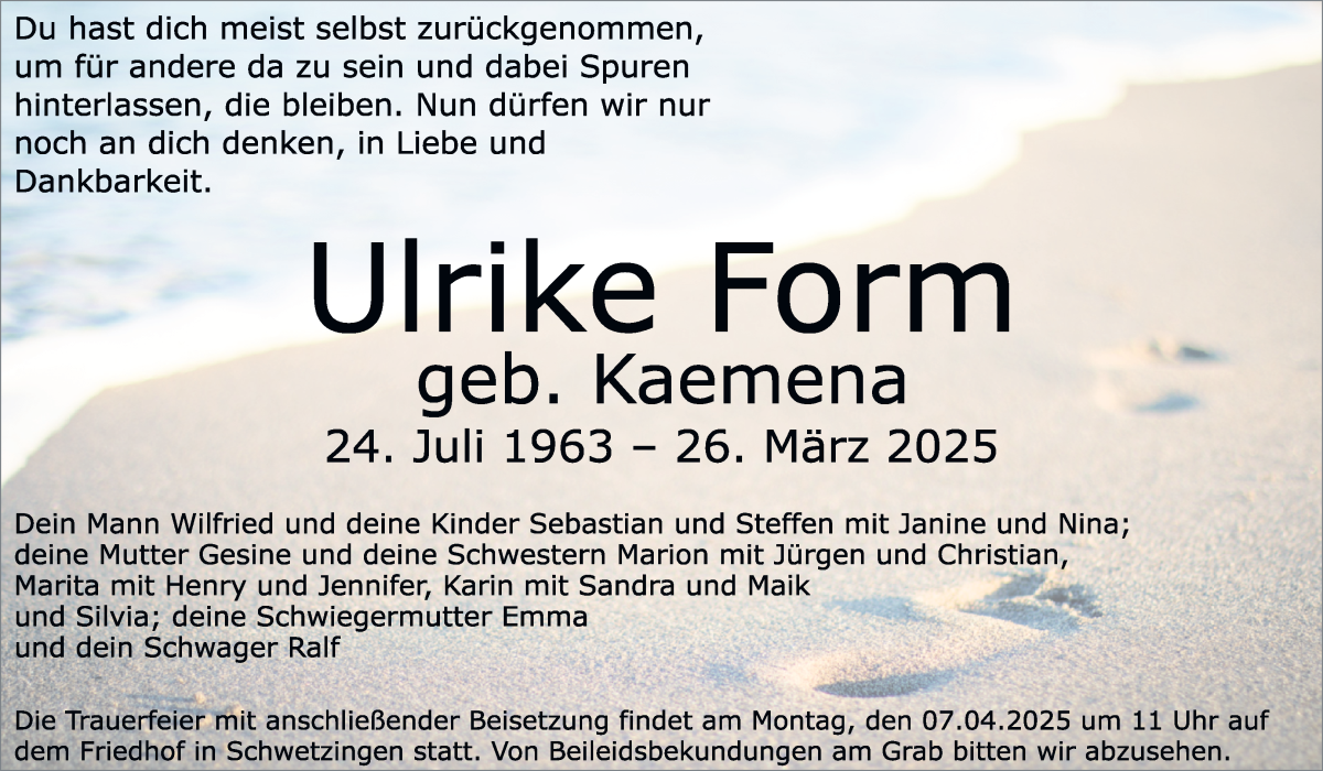 Traueranzeige von Ulrike Form von WESER-KURIER
