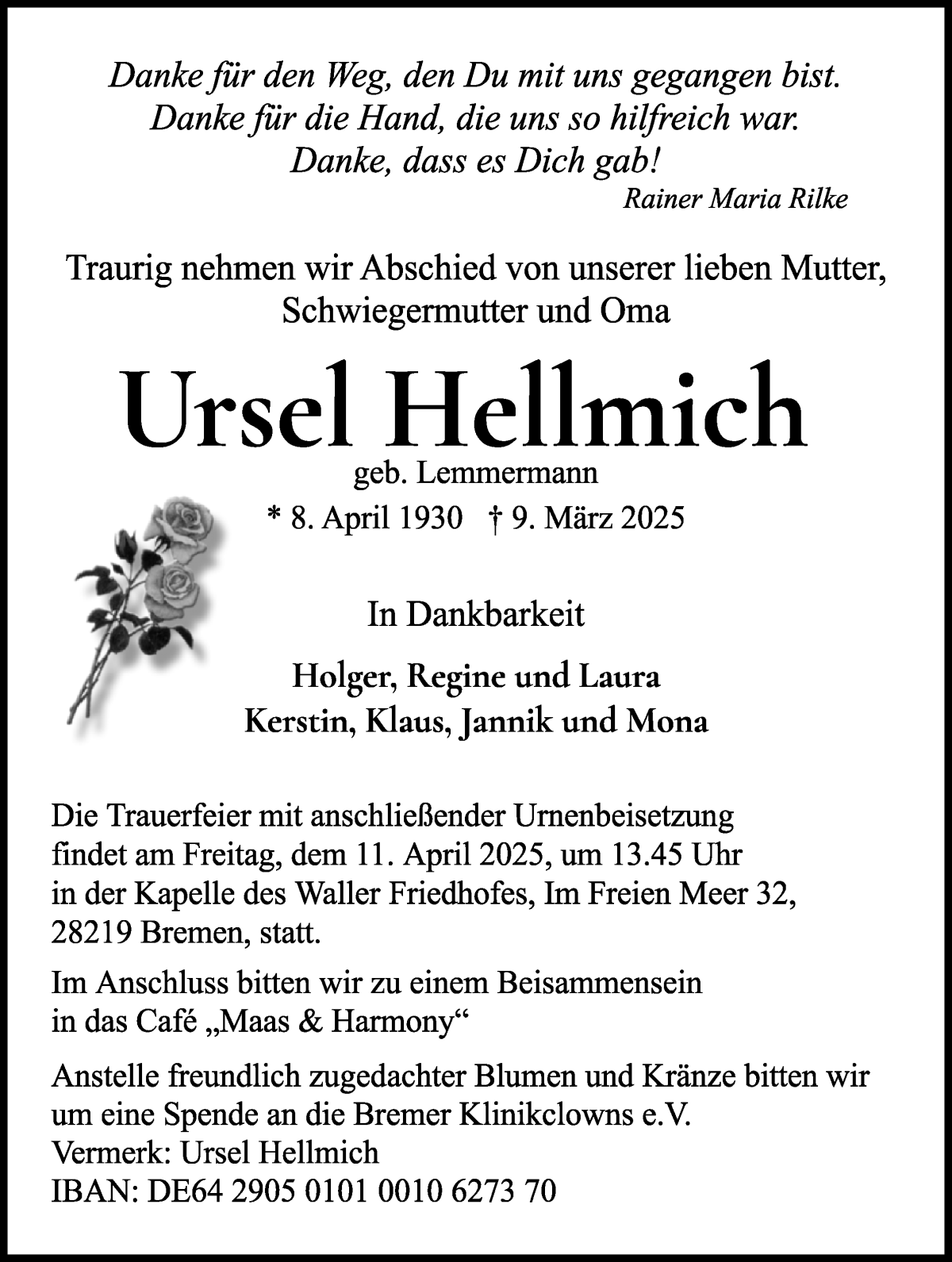 Traueranzeige von Ursel Hellmich von WESER-KURIER