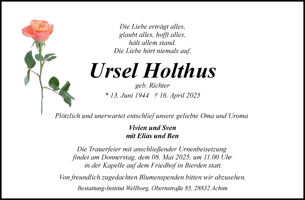 Traueranzeige von Ursel Holthus von WESER-KURIER