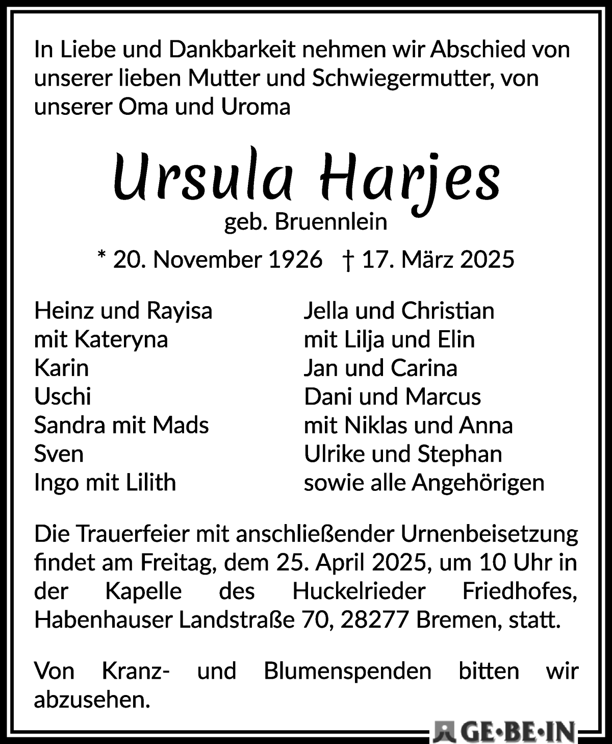 Traueranzeige von Ursula Harjes von WESER-KURIER