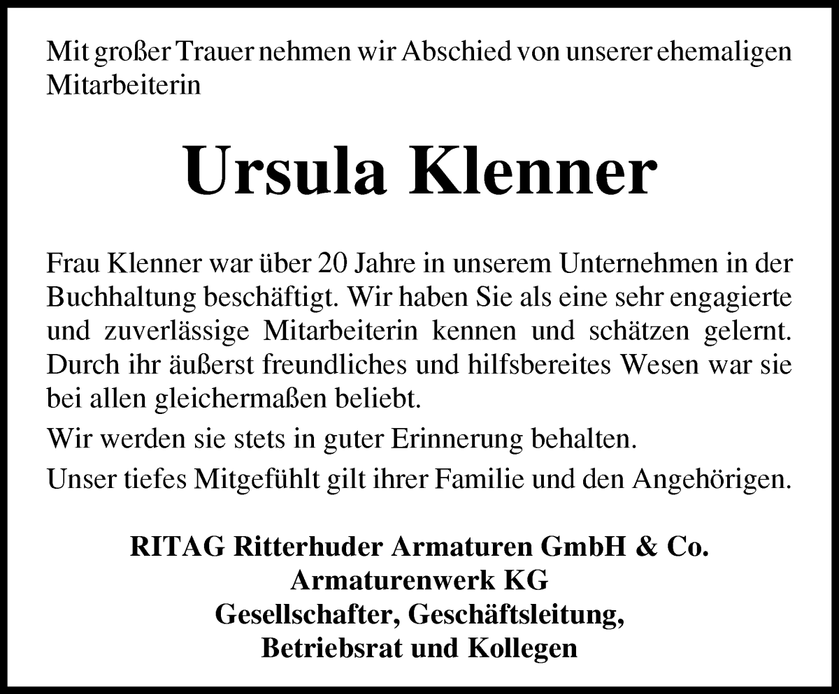 Traueranzeige von Ursula Klenner von Osterholzer Kreisblatt