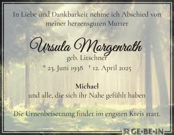 Traueranzeige von Ursula Morgenroth von WESER-KURIER