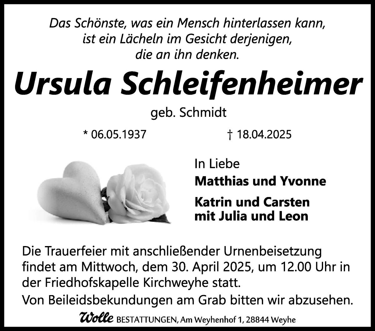 Traueranzeige von Ursula Schleifenheimer von WESER-KURIER