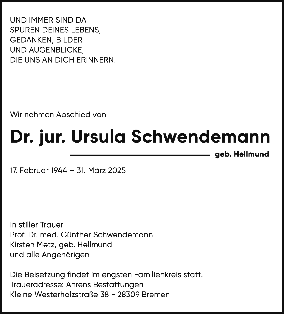 Traueranzeige von Ursula Schwendemann von WESER-KURIER