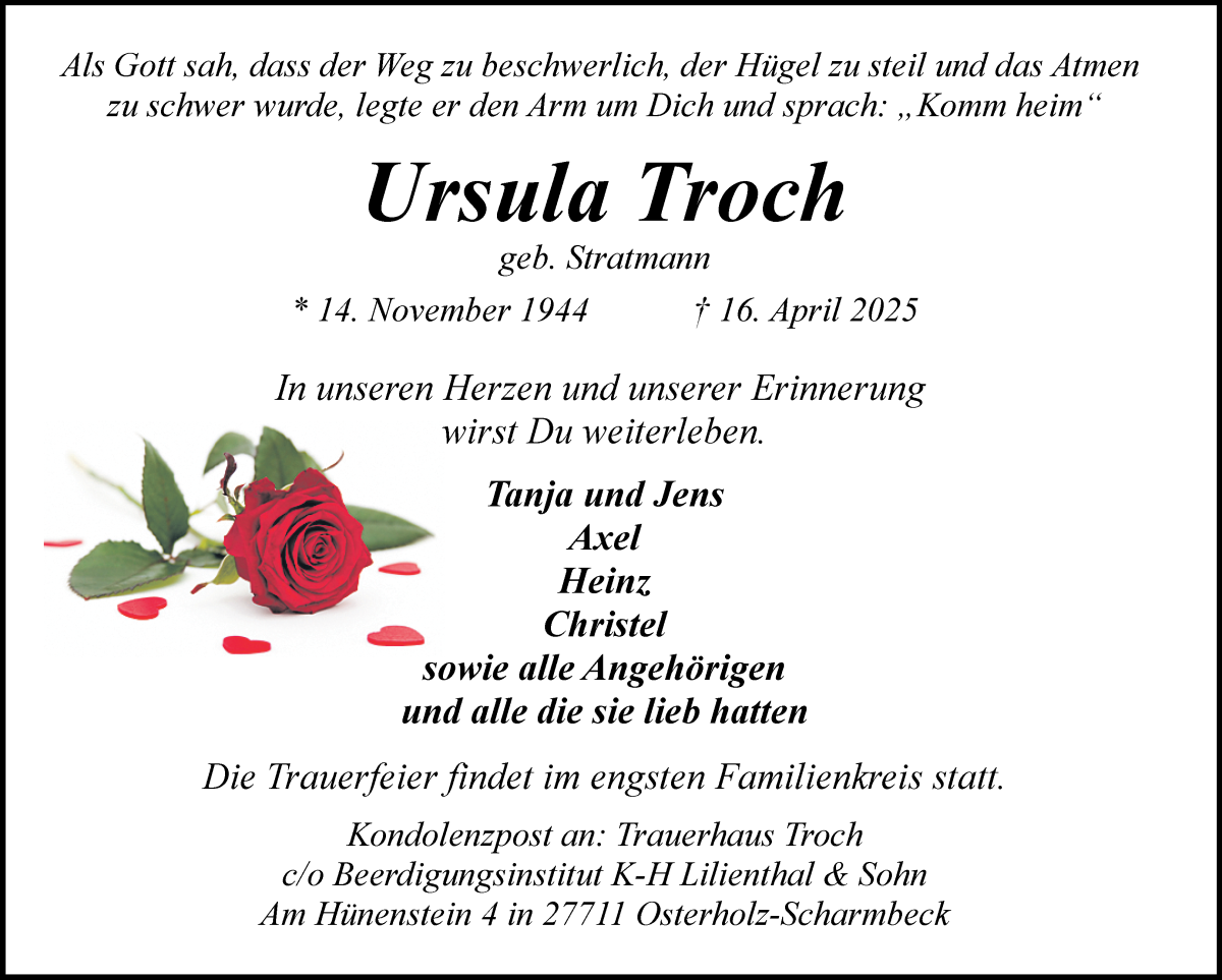 Traueranzeige von Ursula Troch von Osterholzer Kreisblatt
