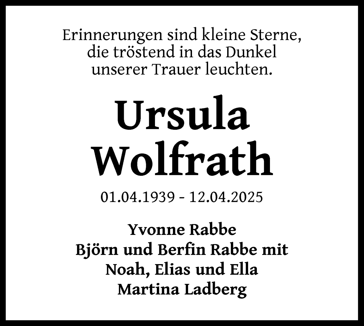 Traueranzeige von Ursula Wolfrath von WESER-KURIER
