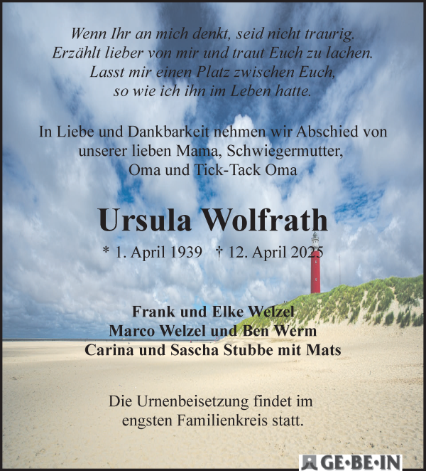 Traueranzeige von Ursula Wolfrath von WESER-KURIER