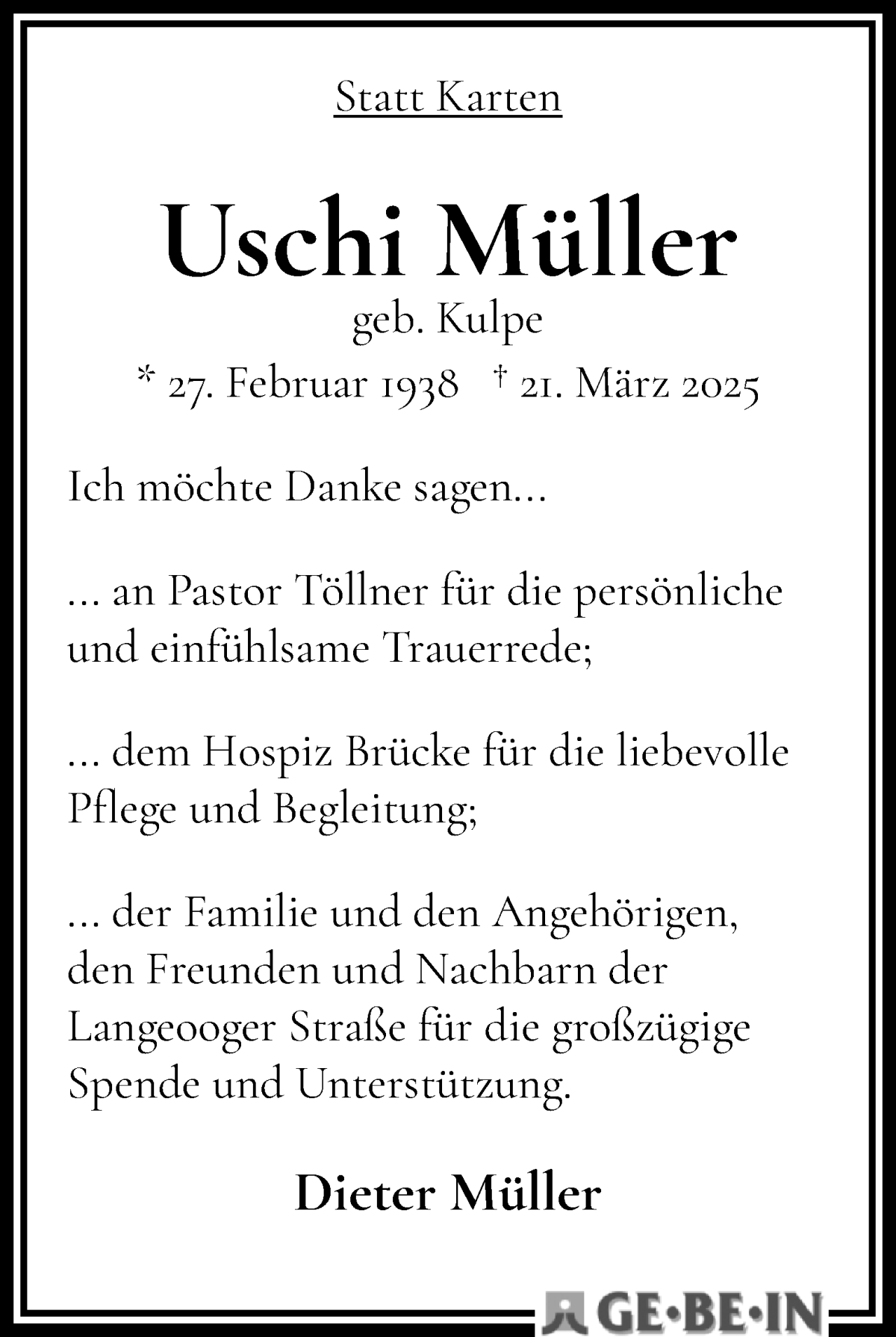 Traueranzeige von Uschi Müller von WESER-KURIER