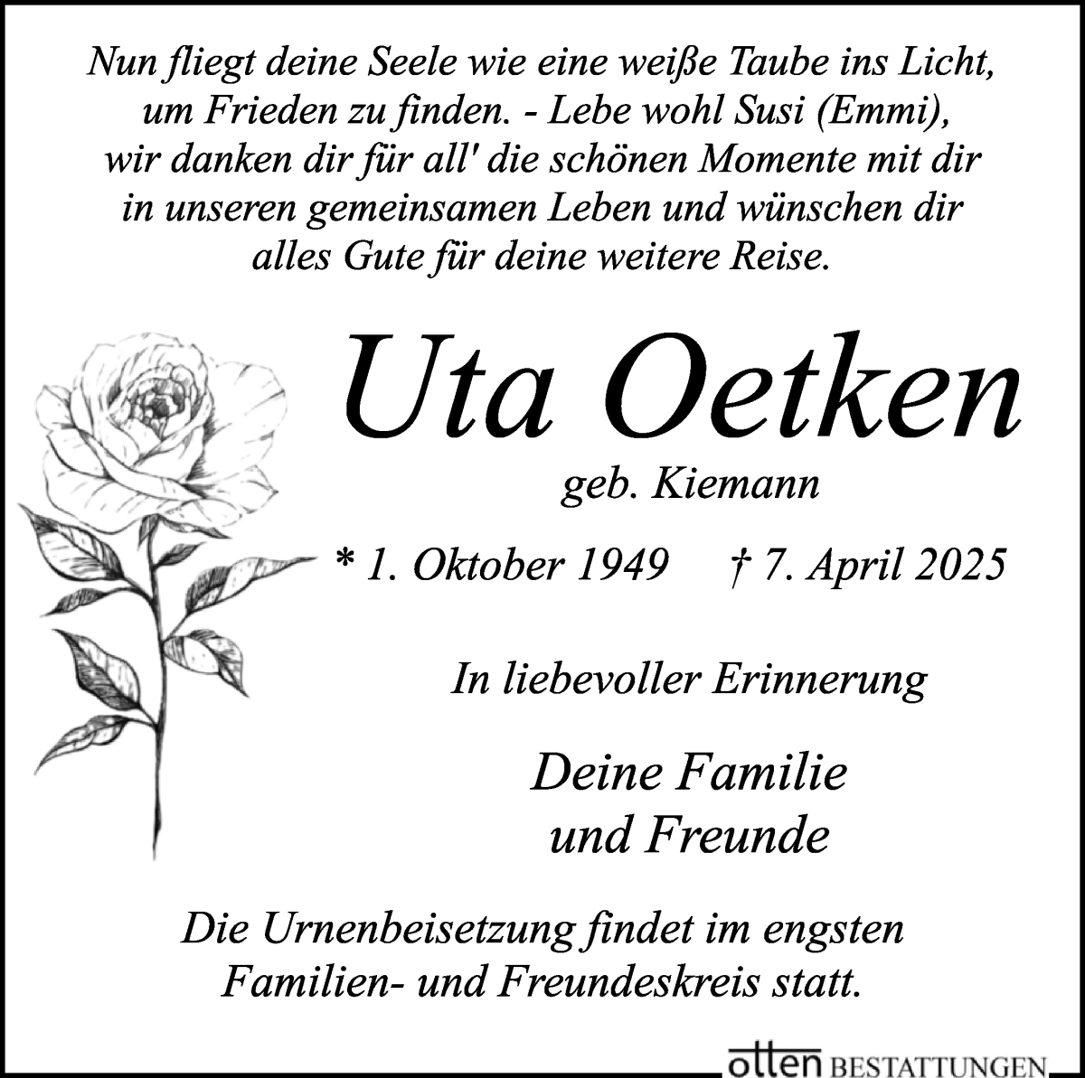 Traueranzeige von Uta Oetken von Wuemme Zeitung