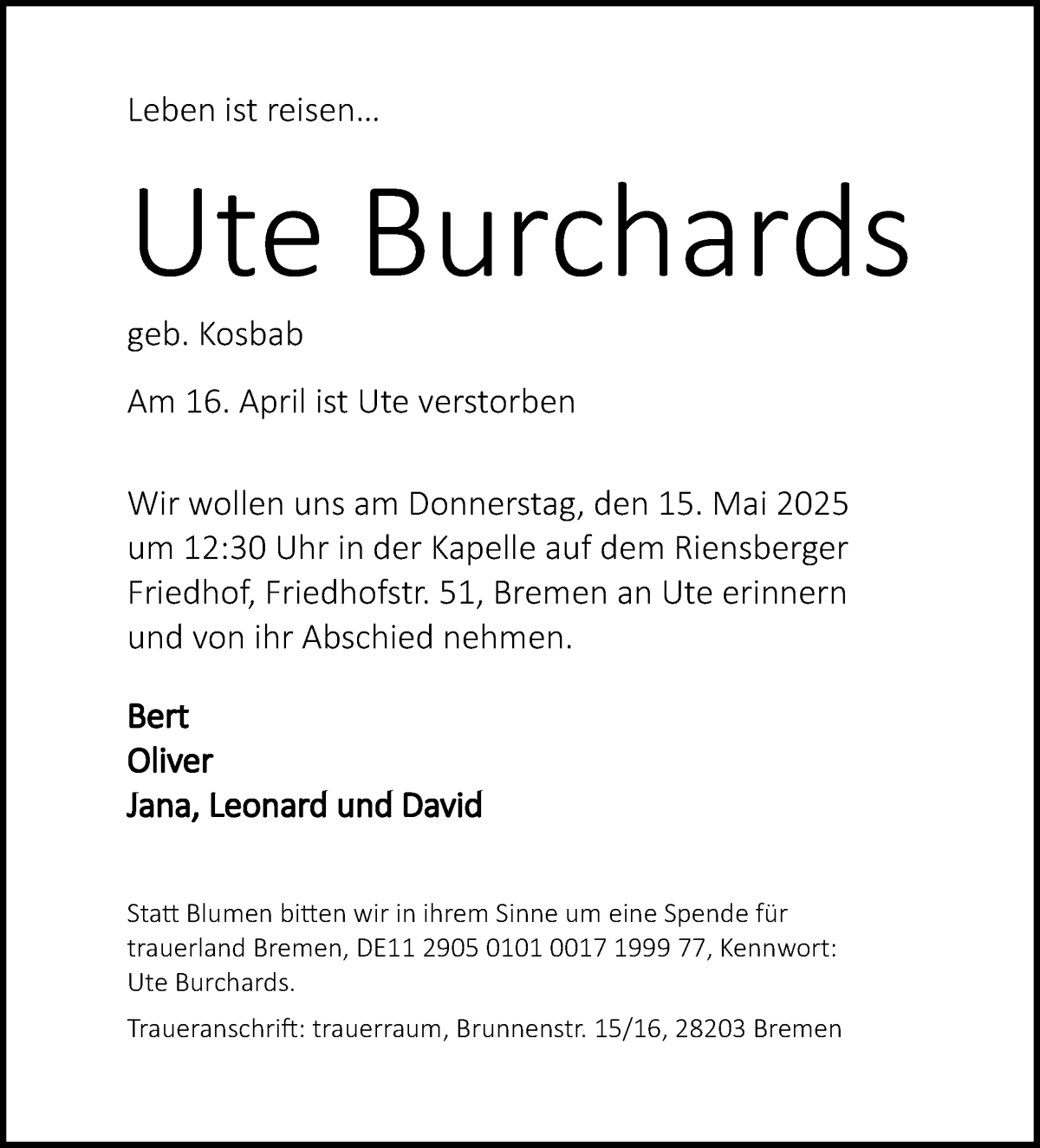 Traueranzeige von Ute Burchards von WESER-KURIER