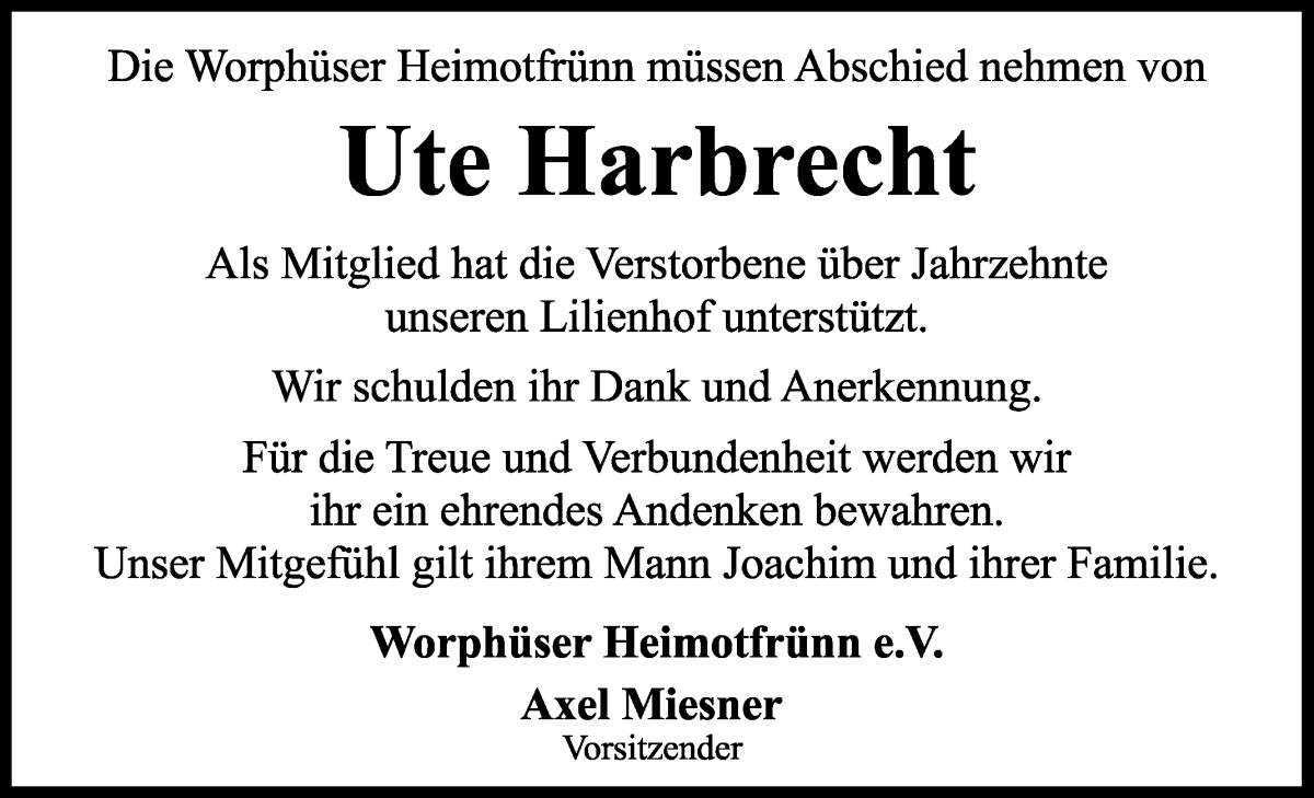 Traueranzeige von Ute Harbrecht von Wuemme Zeitung