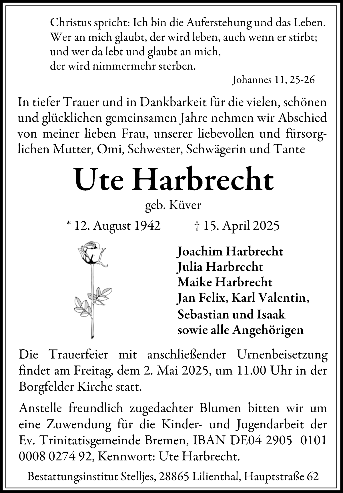Traueranzeige von Ute Harbrecht von Wuemme Zeitung