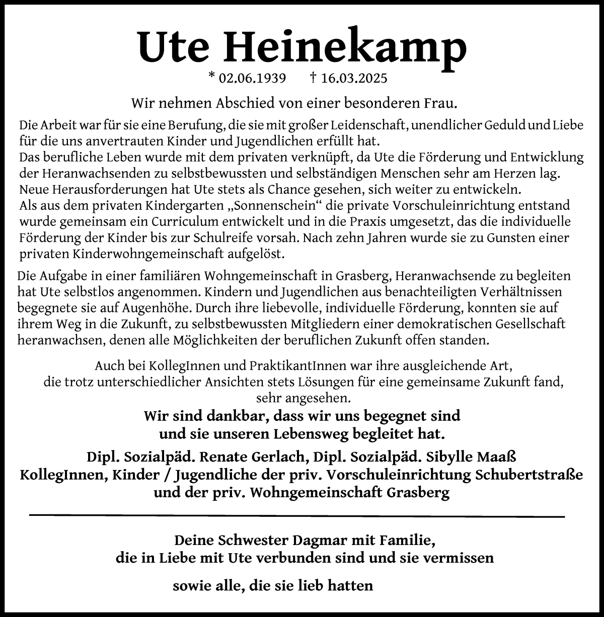 Traueranzeige von Ute Heinekamp von WESER-KURIER