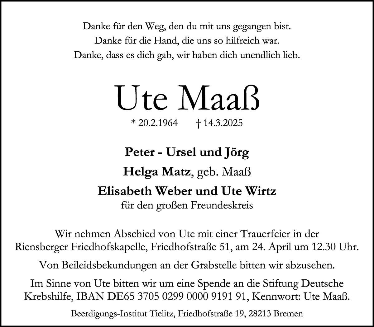 Traueranzeige von Ute Maaß von WESER-KURIER